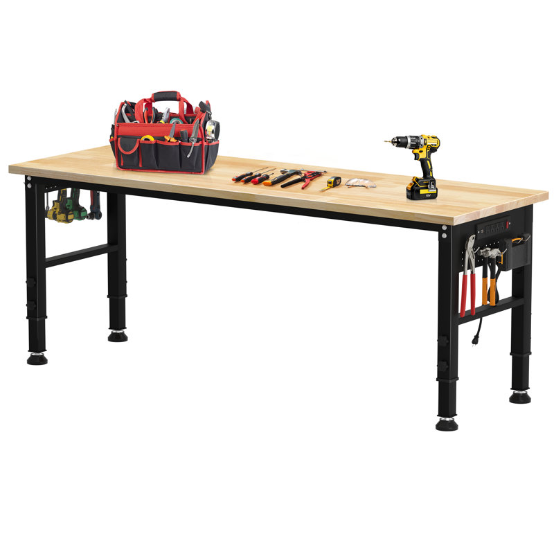 Établi réglable 70 po, poste de travail robuste en bois d'hévéa avec prises de courant et panneau perforé, table de travail d'une capacité de 2 000 lb pour le garage, le bureau, l'atelier, le commercial