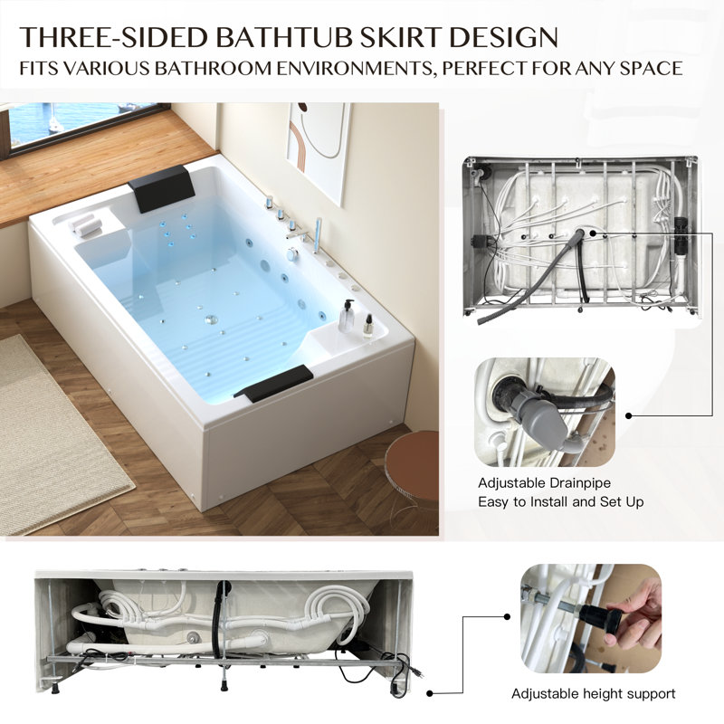 71" X 47" 2-person Jetted Bathtub, Acrylic Soaking Tub, 30 Jets With Thermostatic Control, Chromotherapy Lighting, White