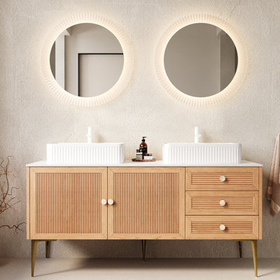 Meuble-lavabo autoportant de 152 cm (60 po) avec lavabo rectangulaire en céramique blanche, armoire en chêne, 2 portes, 3 tiroirs, 4 pieds en métal, contreplaqué épais haute résistance, amortisseur de fermeture, finitions rayées raffinées.