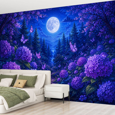 Papier peint adhésif autocollant amovible forêt mystique, mauve, papillon, papier autocollant amovible pour salle de séjour H 69 po x l 96 po