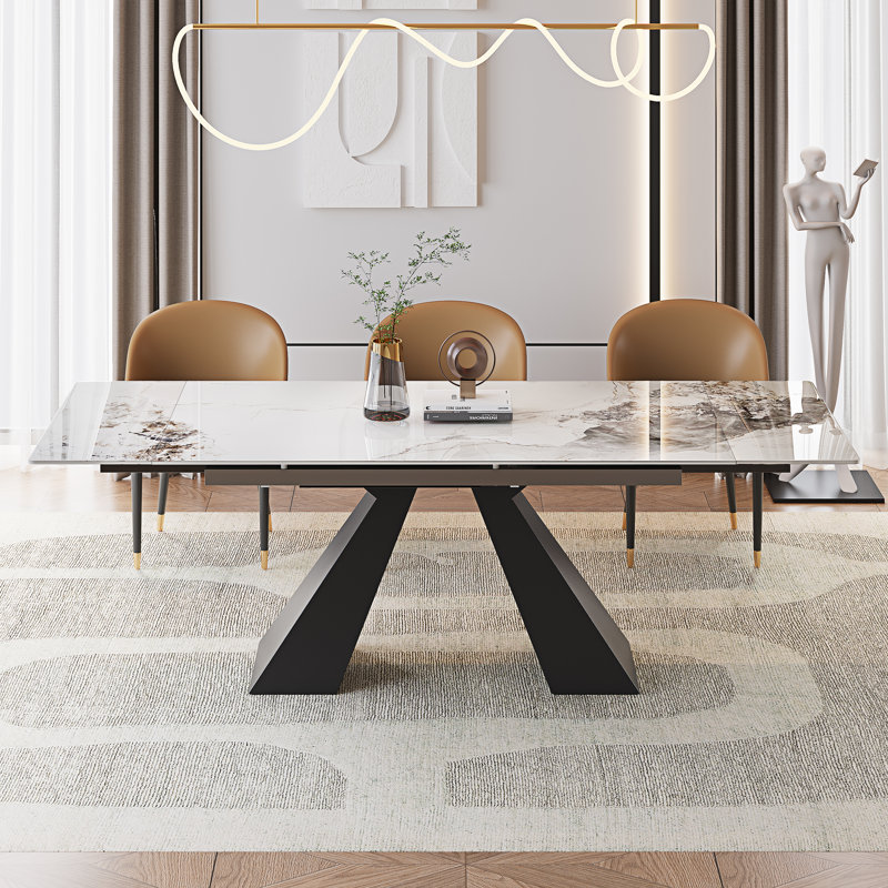 Table de salle à manger extensible de 63 à 94,5 po pour 8 à 10 personnes avec plateau en pierre frittée et base en métal