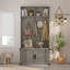 Porte-manteau extra large de style ferme avec banc, 195 cm (77 po), armoire de rangement pour chaussures, 5 crochets doubles, étagères réglables, gris-115864603