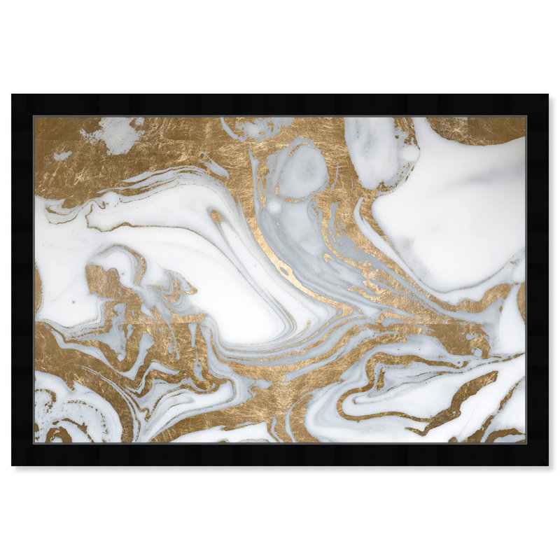 Reproduction d'art encadrée abstraite dorée et blanche pour salon, L 38 po x H 38 po, Noir