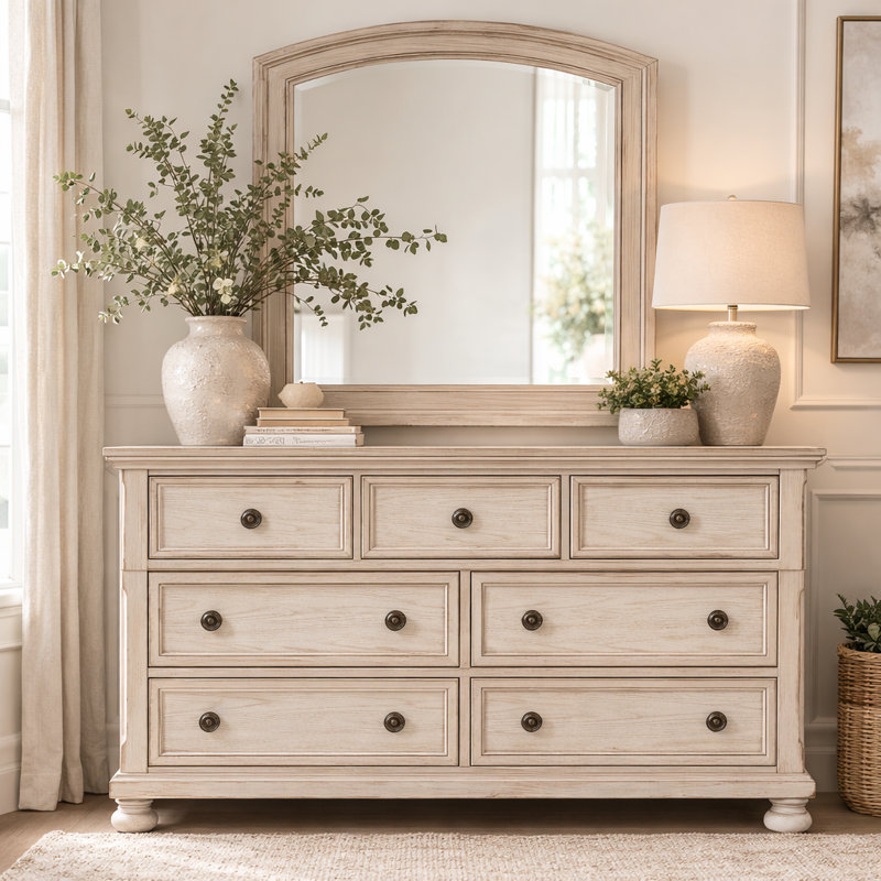 Alek 64.75" W Transitional 7-drawer Solid Wood Dresser & Mirror Set, White