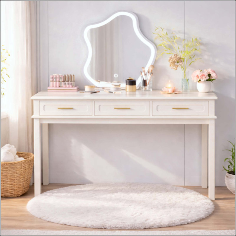Meuble-lavabo à 3 tiroirs, coiffeuse et coiffeuse à maquillage moderne ultrabrillant, coiffeuse polyvalente pour la chambre à coucher (miroir non inclus)