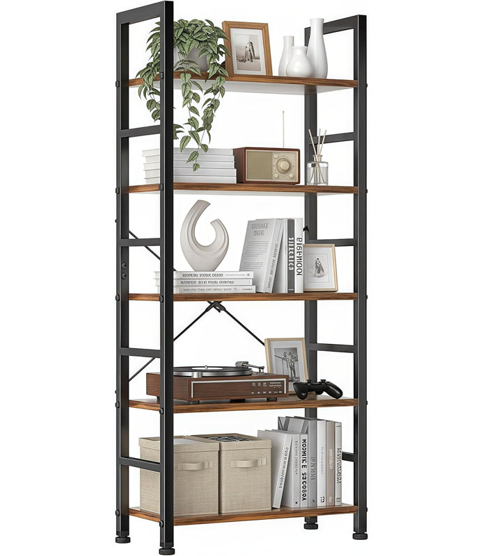62.9" Tall 5-Shelf Bookcase with Metal Frame & Wood Shelves – Open Display Rack for Living Room, Bedroom, Home Office – Sturdy Freestanding Storage Unit, Black
