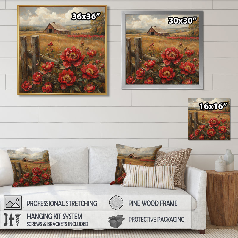 Crewe, pivoines rouges rétro par The Barn I - pivoines, art mural, H 30 po x l 30 po, Picture Framed Print