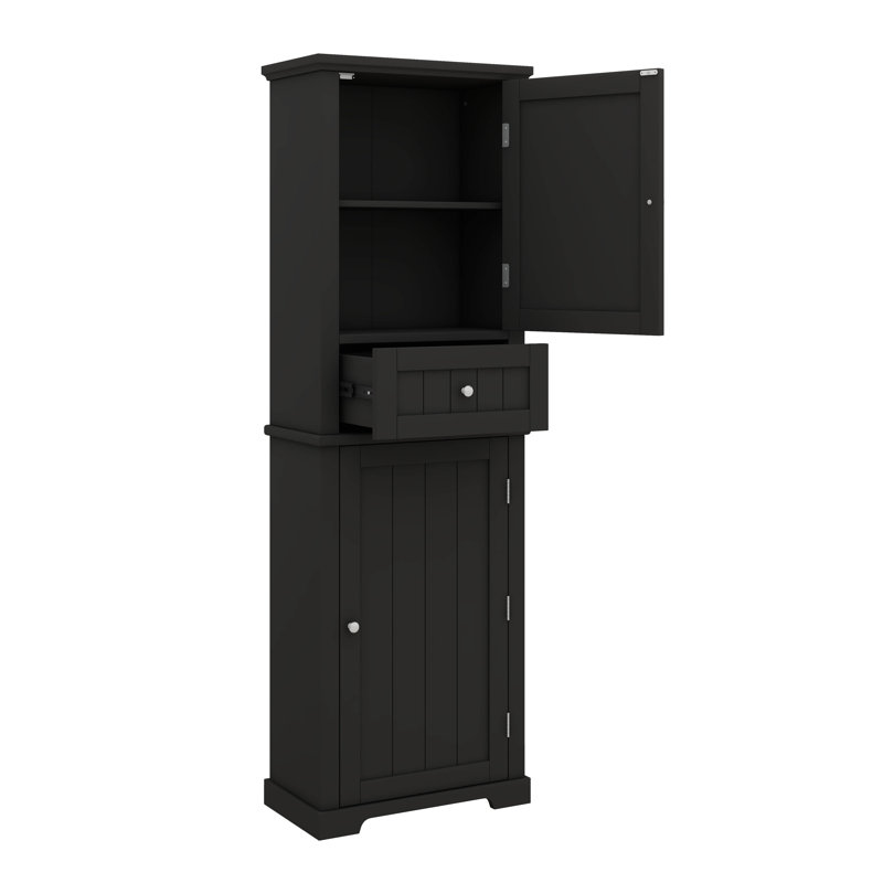 Tall Bathroom Storage Cabinet Freestanding With Drawer Adjustable Shelf, Black