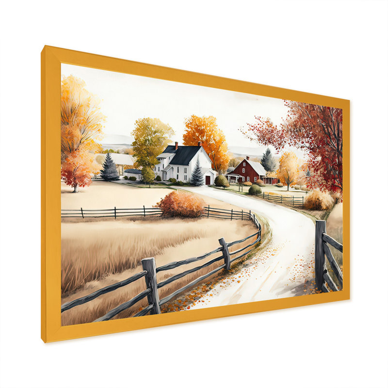 Chemin vers la grange III - art mural paysage de grange, Encadrement doré, H 24 po x l 32 po x P 1 po