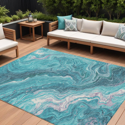 Tapis d'extérieur lavable abstrait bleu sarcelle 8 pi x 10 pi