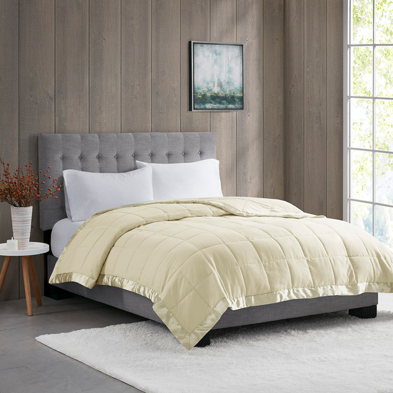 Couverture légère en duvet synthétique avec bordure en satin, Crème, crème, Lit simple