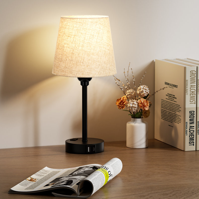 15'' Minimal Table Lamp Set with Touch Control, AC Outlet and USB A&C Ports, Black, Beige+Black