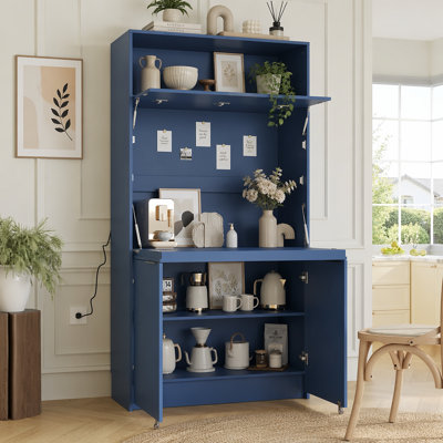 Garde-manger compact, buffet de 69 po de hauteur avec huche et poste de travail pliable, armoire de rangement multifonctionnelle avec tablette réglable et prise de courant pour la salle à manger, le salon, bleu foncé