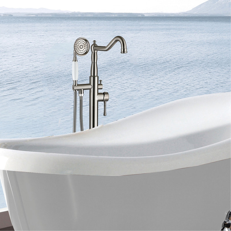 Tub Faucet With Hand Shower In Brushed Nickel - Metal, 44.33 In. Depth Modern Bathroom Solid 12.87 Lb Full Body Spray For