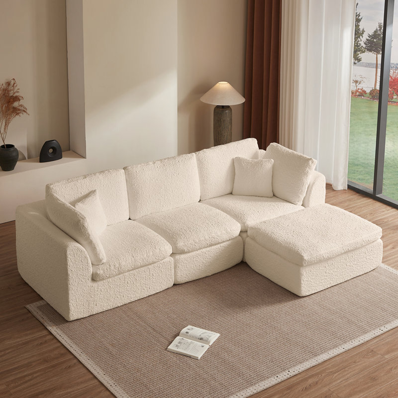 Canapé modulaire 110 pouces en forme de L convertible avec repose-pieds pour sièges spacieux et confortables, Chenille beige