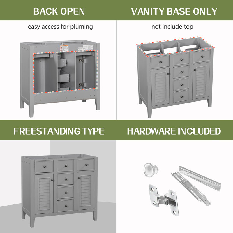 Gray 36" Freestanding Bathroom Vanity with Five Drawers