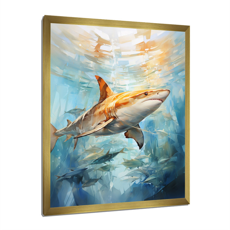 Voile d'aquarelle bleu et beige sur toile, Encadrement doré, L 34 po x H 44 po