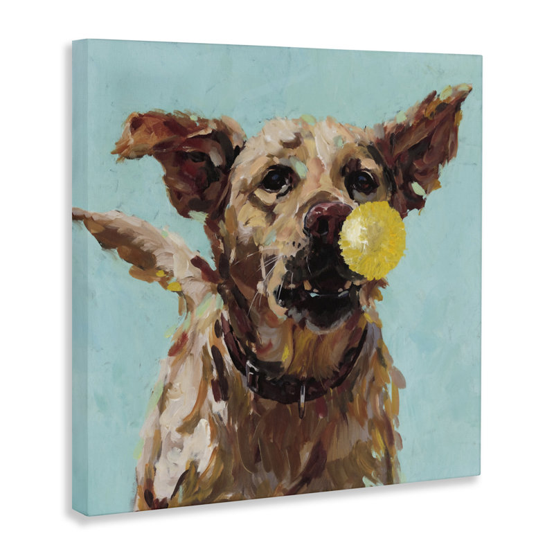 Chien jouant avec une balle sur toile, design par Studio Bautista, H 17 po x l 17 po