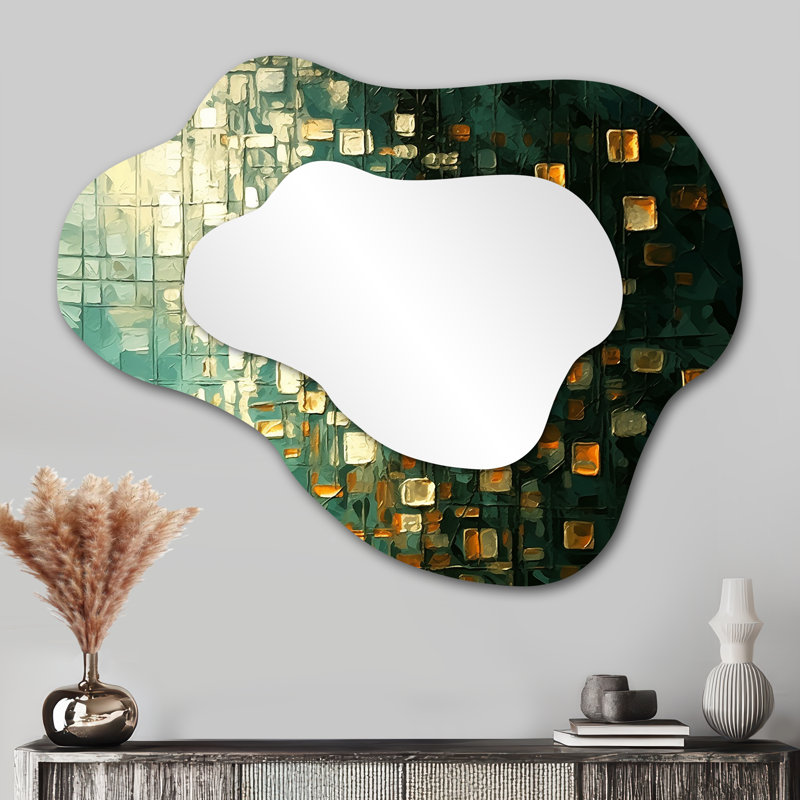 Ambitions of Dreams Retro Gold And Teal I - Abstract Painting Cloud Decorative Mirror, Modern Asymmetrical Wall Mirror, Printed Metal Art