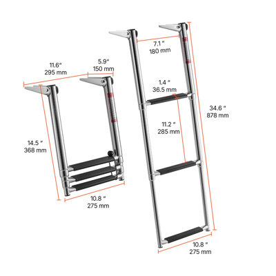 Boat Ladder, 3 Steps, Stainless Steel Telescoping Folding Swim Deck Ladder for Rear Entry Inboard, Heavy Duty 600 lbs Capacity with Wide Anti-Slip Steps, for Outboards, Yacht, Pontoon Boats
