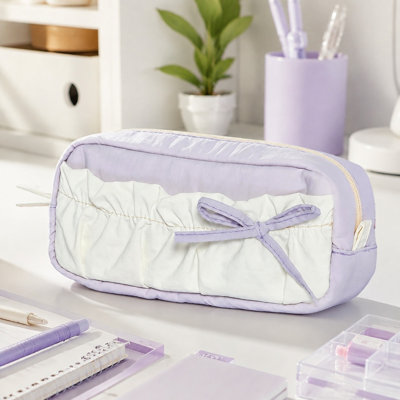 Trousse à crayons multicolores à motif nuage et joli nœud, sac de fournitures scolaires à compartiments multiples pour les élèves du primaire et du secondaire