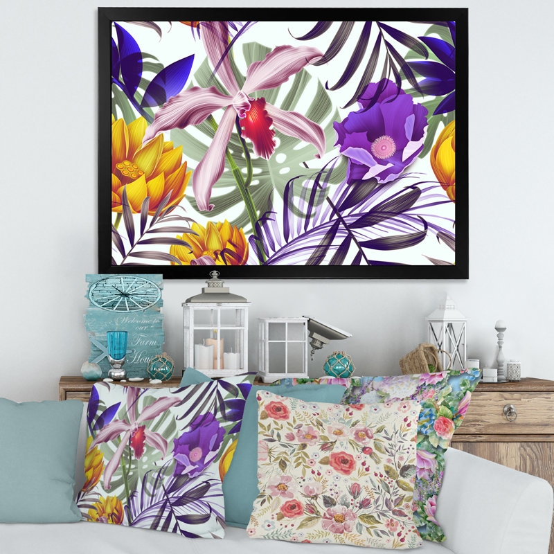 Fleurs tropicales rétro - Impression sur toile, H 12 po x l 20 po x p 1 po, Cadre photo noir