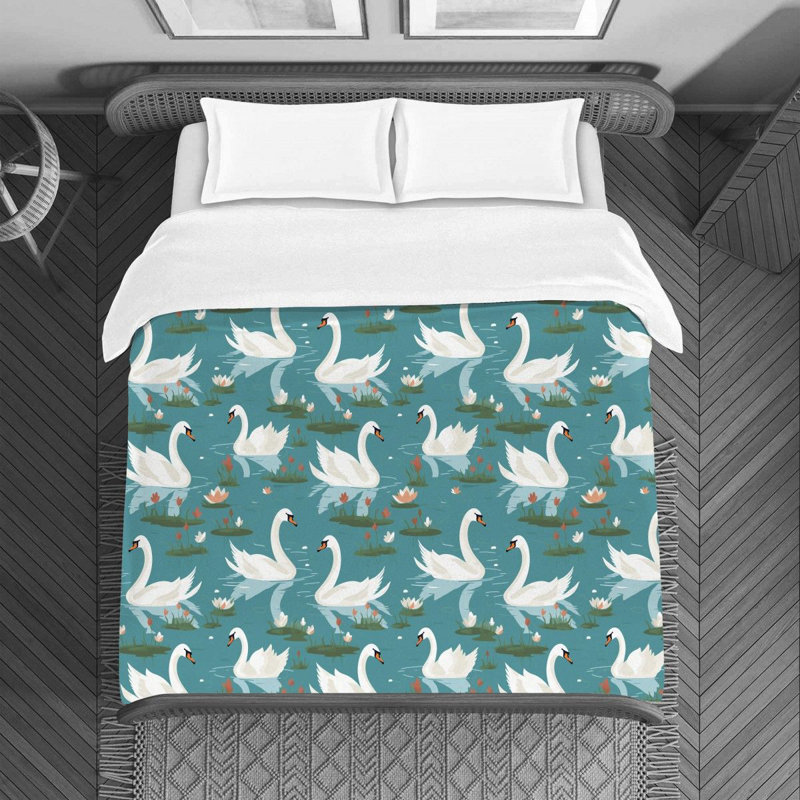Swan Green White Polyester Duvet Cover, Queen Duvet Cover