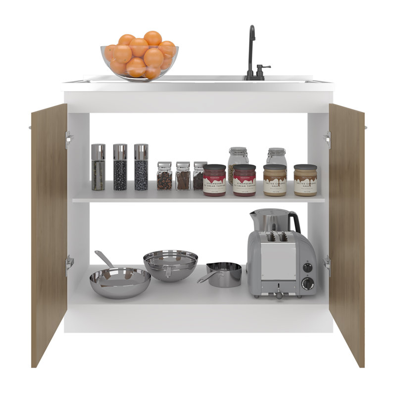 Napoles Utility Sink With Faucet Inclued And Integrated Stainless Steel Counter Top, Freestanding Cabinet With Two Doors, Metal Handles And Two Interior Shelves, Natural+White
