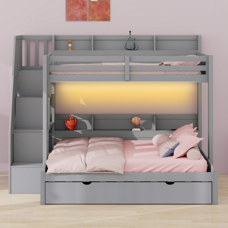 Bunk Bed With Storage Staircase, Trundle, Storage Shelves, LED And USB, Gray