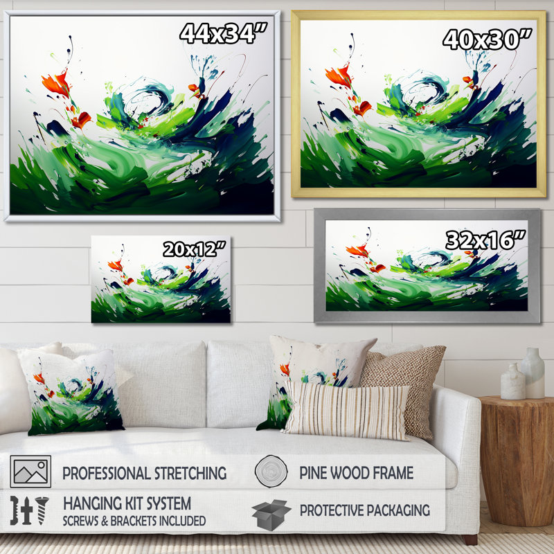 «Green and White Abstract Ink Expression I», art mural abstrait, H 34 po x l 44 po x P 1,5 po, Cadre d'angle fermé noir