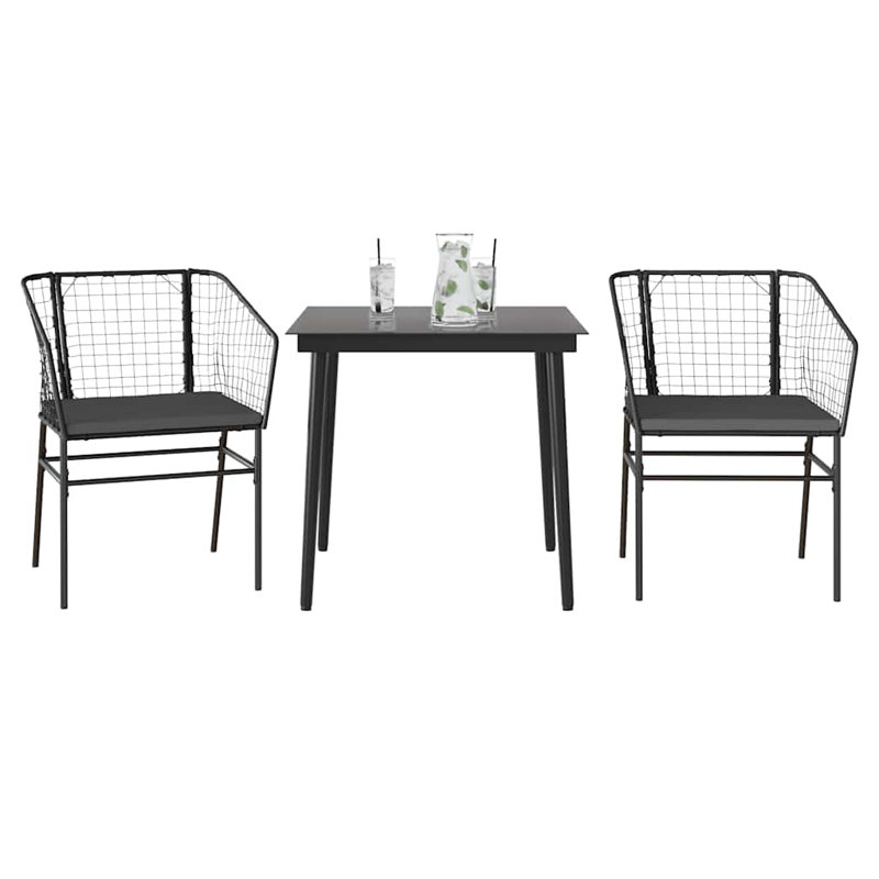 Patio Dining Set With Cushions Poly Rattan Glass, 29.1" H x 31.5" W x 31.5" L, 2, Black/Black