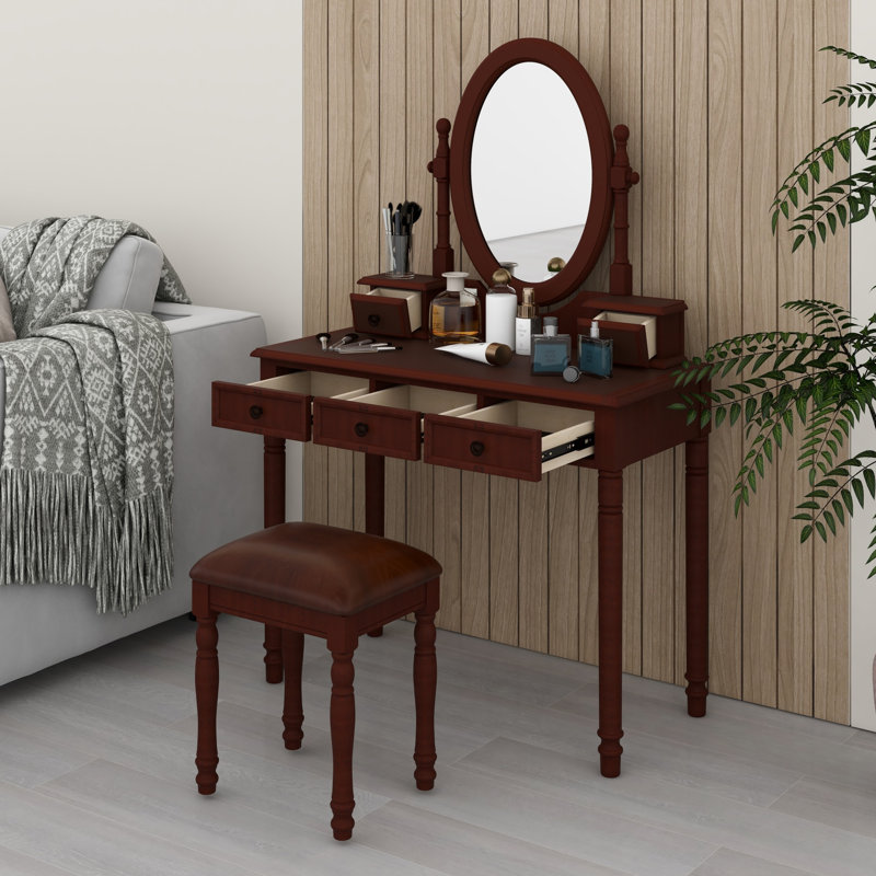 Ensemble de coiffeuse avec miroir ajustable, 5 tiroirs et tabouret rembourré