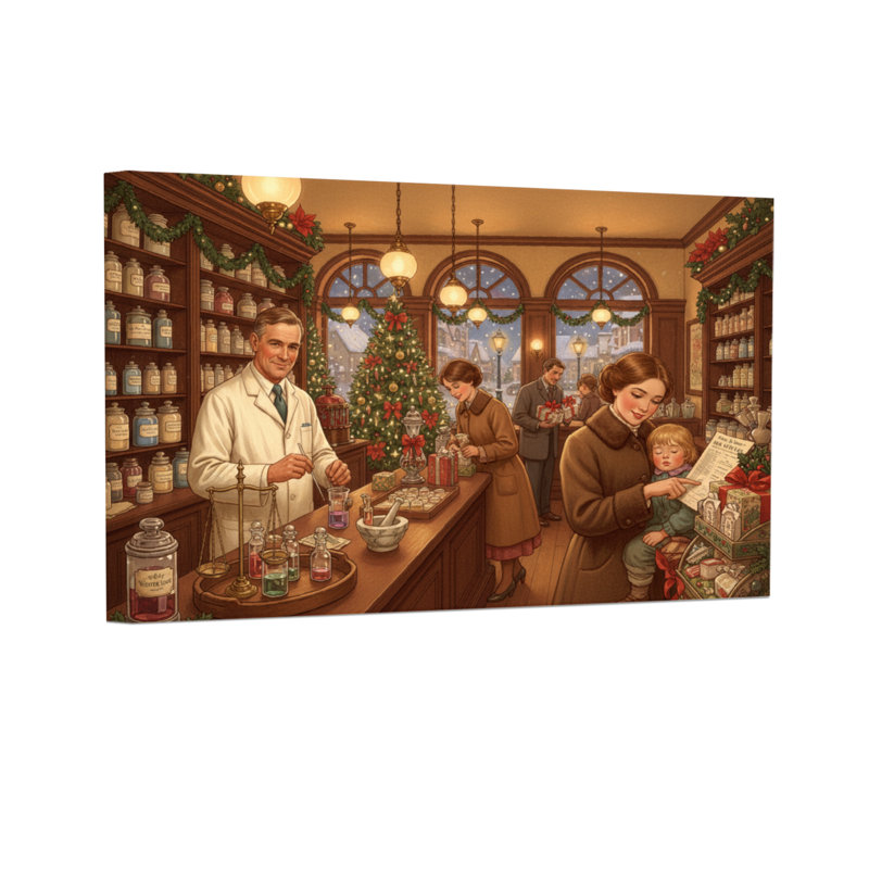 Scène de pharmacie de Noël avec des gens et des décorations, H 20 po x l 30 po