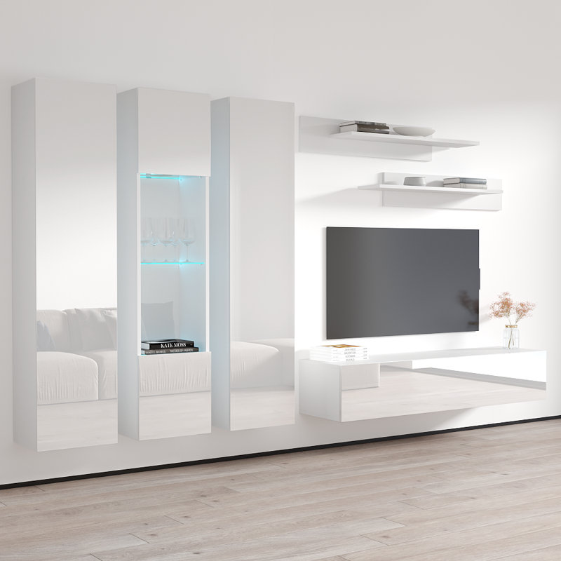 Meuble audio-vidéo mural flottant 120 po Vong avec éclairage à DEL 16 couleurs, finition ultrabrillante, Blanc