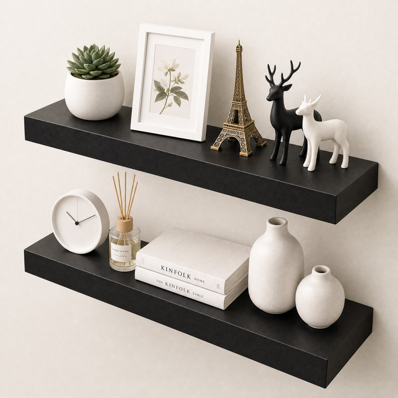 Tablette murale moderne à tablettes flottantes - 16 pouces (ensemble de 2), 16, Black