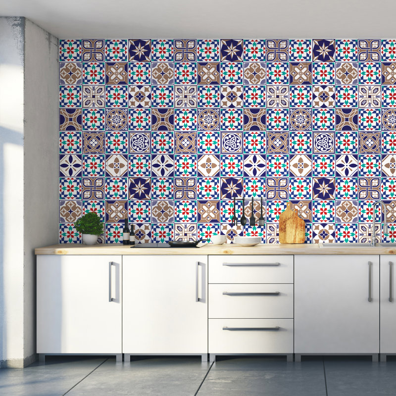 Royal Navy Blue and Walnut Vintage Mix Tile Sticker - 15cm x 15cm, 1 Pack