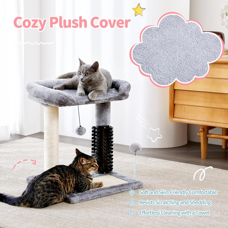20" Gray Sisal Cat Tree Tower with Plush Perch and Groomer