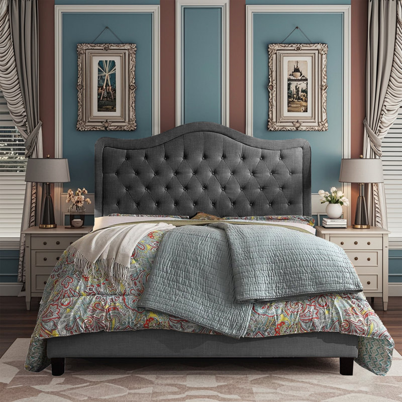 Fabric Upholstered Bed Frame with Adjustable Headboar,Wood Slat Support, Button Tufted Platform Bed, Charcoal, King