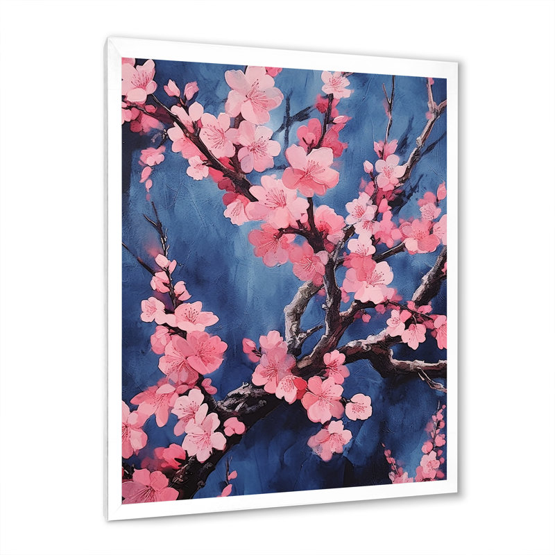 «Pink and Blue Cherry Blossoms Symphony» sur impression sur toile, Cadre simple blanc, H 44 po x l 34 po x P 1,5 po