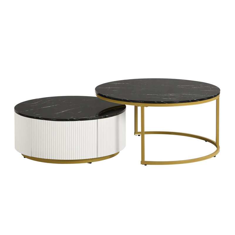 Modern Round Nesting Coffee Table Fluted With Drawer In Black & Gold In 31.5''