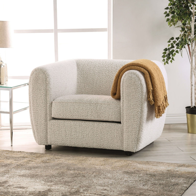 Fauteuil d'appoint inspiré du smoking, 115 cm x 88 cm, en bouclette et bois massif, une pièce, coussin d'assise blanc cassé
