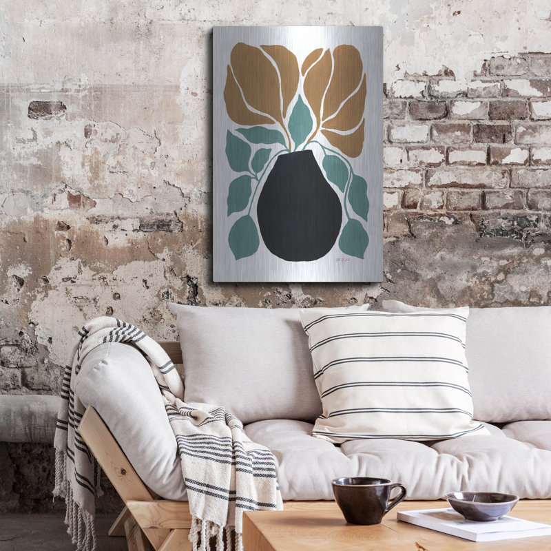 «Boho Golden Flowers In Vase 1» par Yvette St. Amant, art mural en métal, H 36 po x l 24 po
