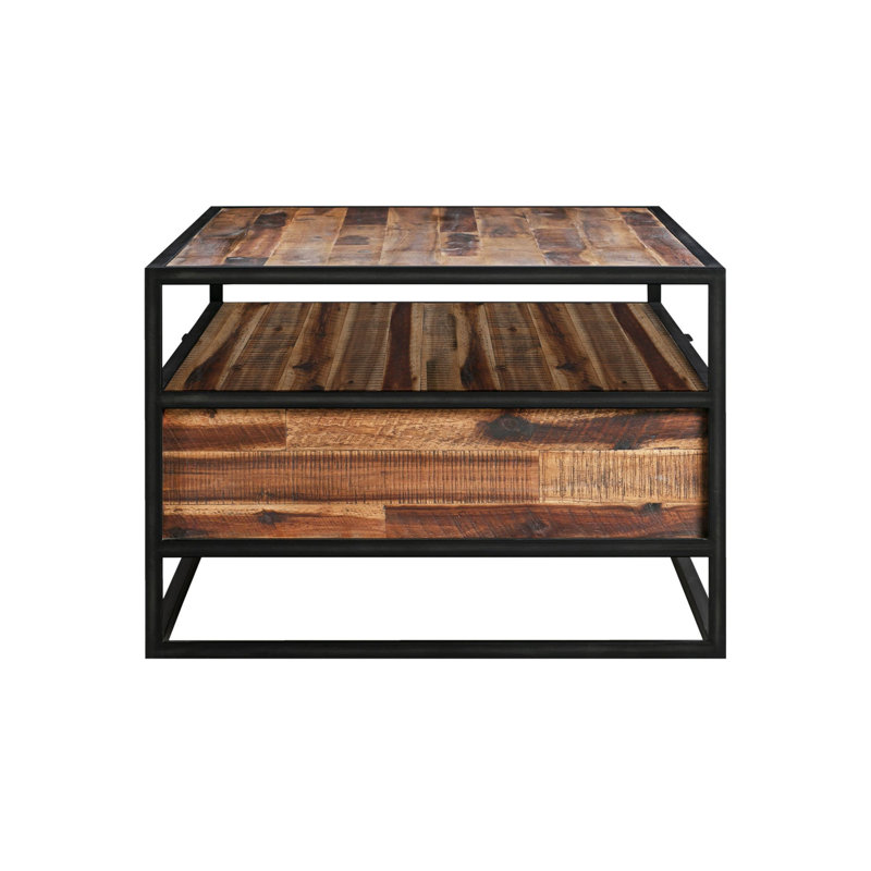 Dorleus 66" Wide Rectangle Coffee Table with Shelf in Acacia and Black Metal