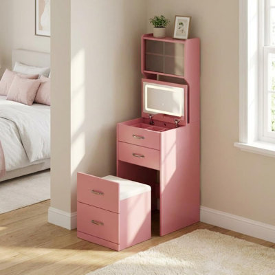 Meuble-lavabo 3 en 1 avec miroir à DEL 3 couleurs et fauteuil caché - petite table de maquillage avec 2 prises de courant, ports USB, tiroirs, portes en acrylique et boîte à bijoux, coiffeuse compacte pour chambre à coucher