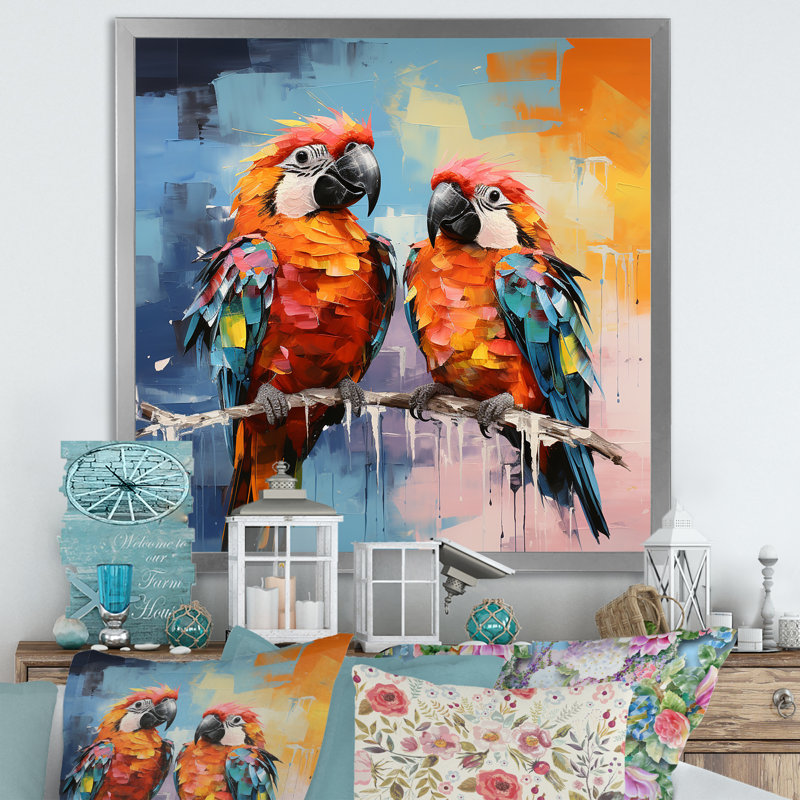 «Vibrant Duets Parrots I» sur toile, H 16 po x l 16 po x P 1 po, Cadre simple argenté