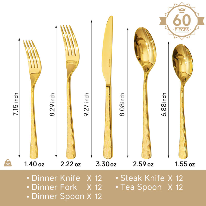 60 Piece 18/10 Stainless Steel Flatware Set, Service For 12, Gold