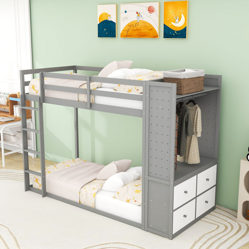 Lit superposé simple sur simple avec garde-robe intégrée et tiroirs de rangement, Gris
