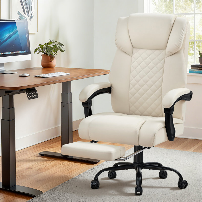 Faux Leather Heated Massage Executive Office Chair Ergonomic Office Chair With Footrest, Beige