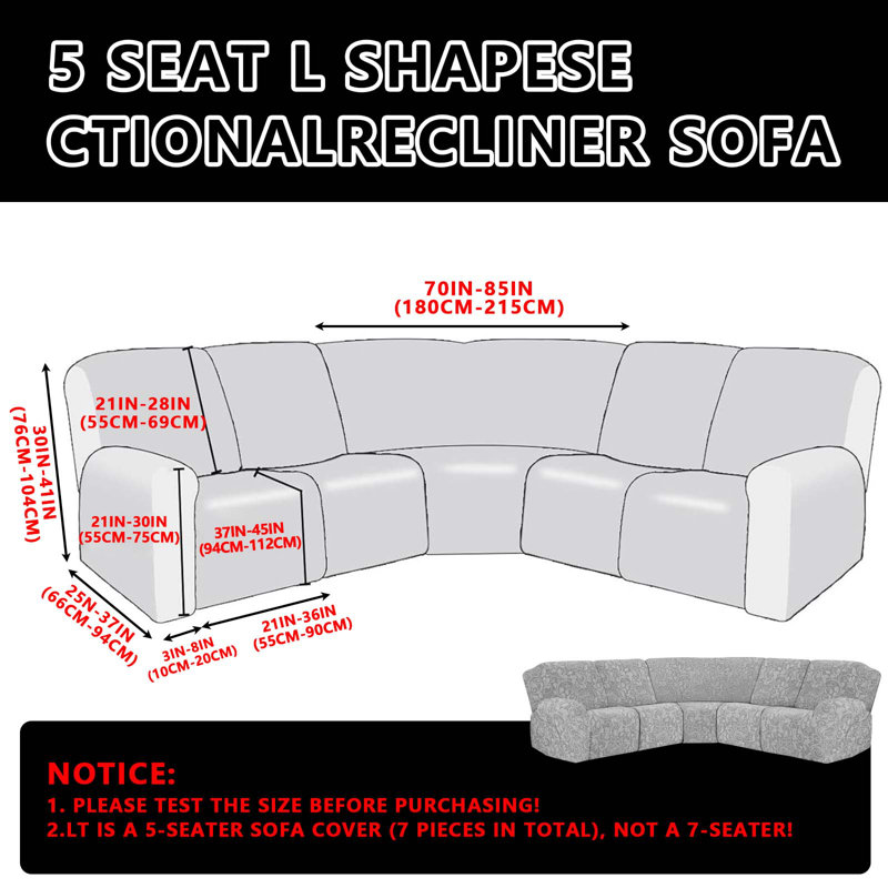 Housse de canapé d'angle 7 pièces pour canapé inclinable et extensible 7 pièces, housse en tricot jacquard doux, Gris clair