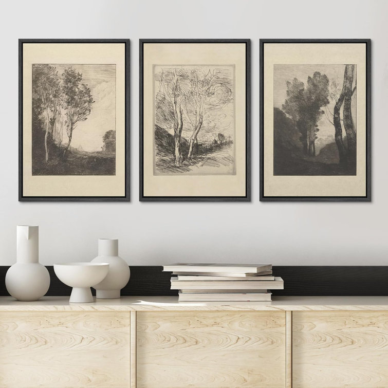 Duotone Vintage Trees Forest Sketch Rustic Landscape Framed Canvas 3 Pieces Painting Print Wall Art